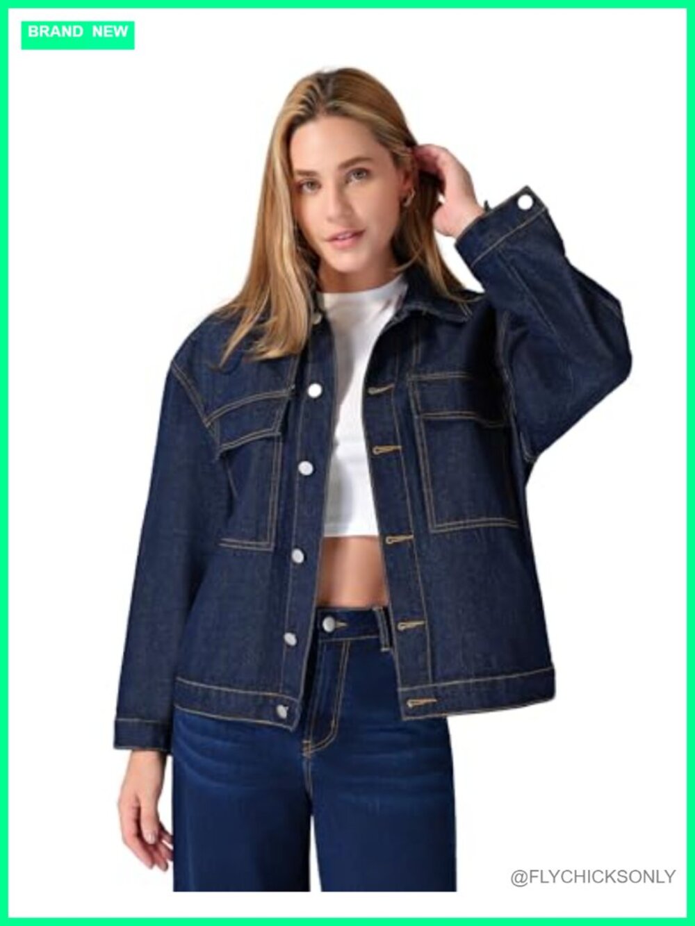 Oversized Denim Jacket Mid-Weight Cotton Flap Pockets Casual Jean Coat